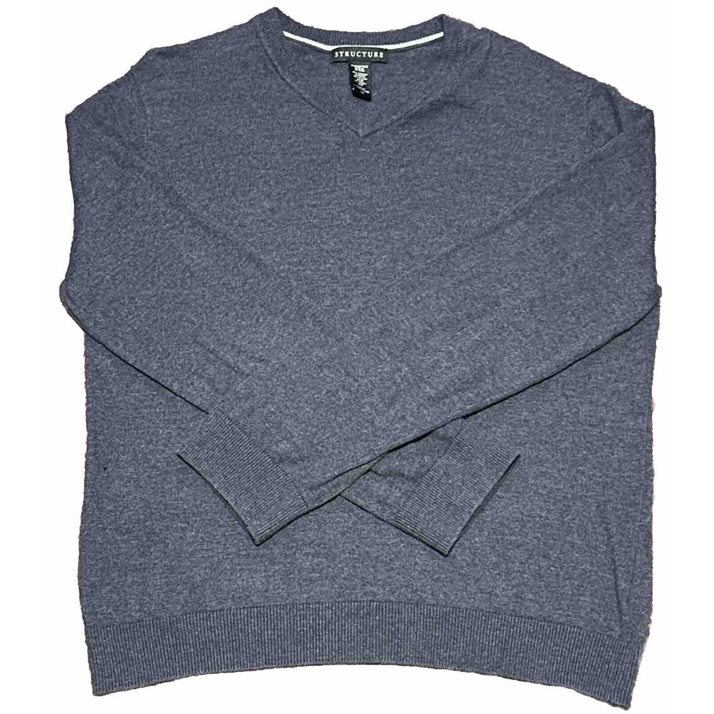 Structure Sweater Mens Large Blue V Neck Pullover Long Sleeve Cotton Wool